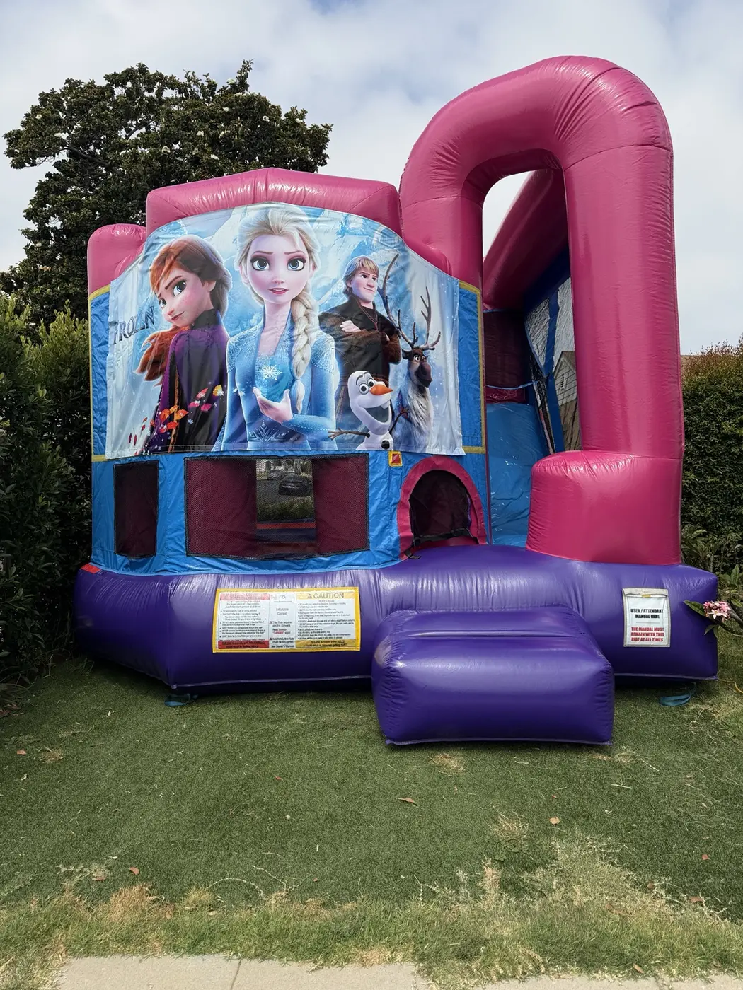 Frozen themed pink and purple bounce house