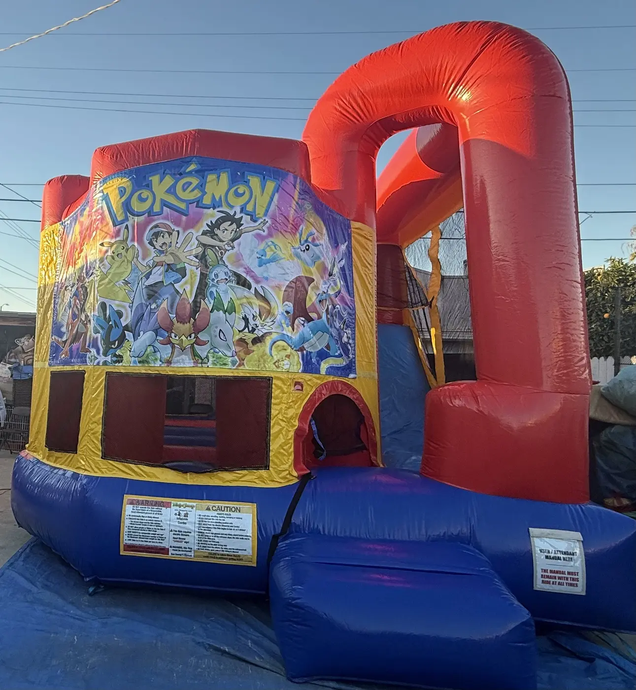 Pokémon themed red and blue bounce house
