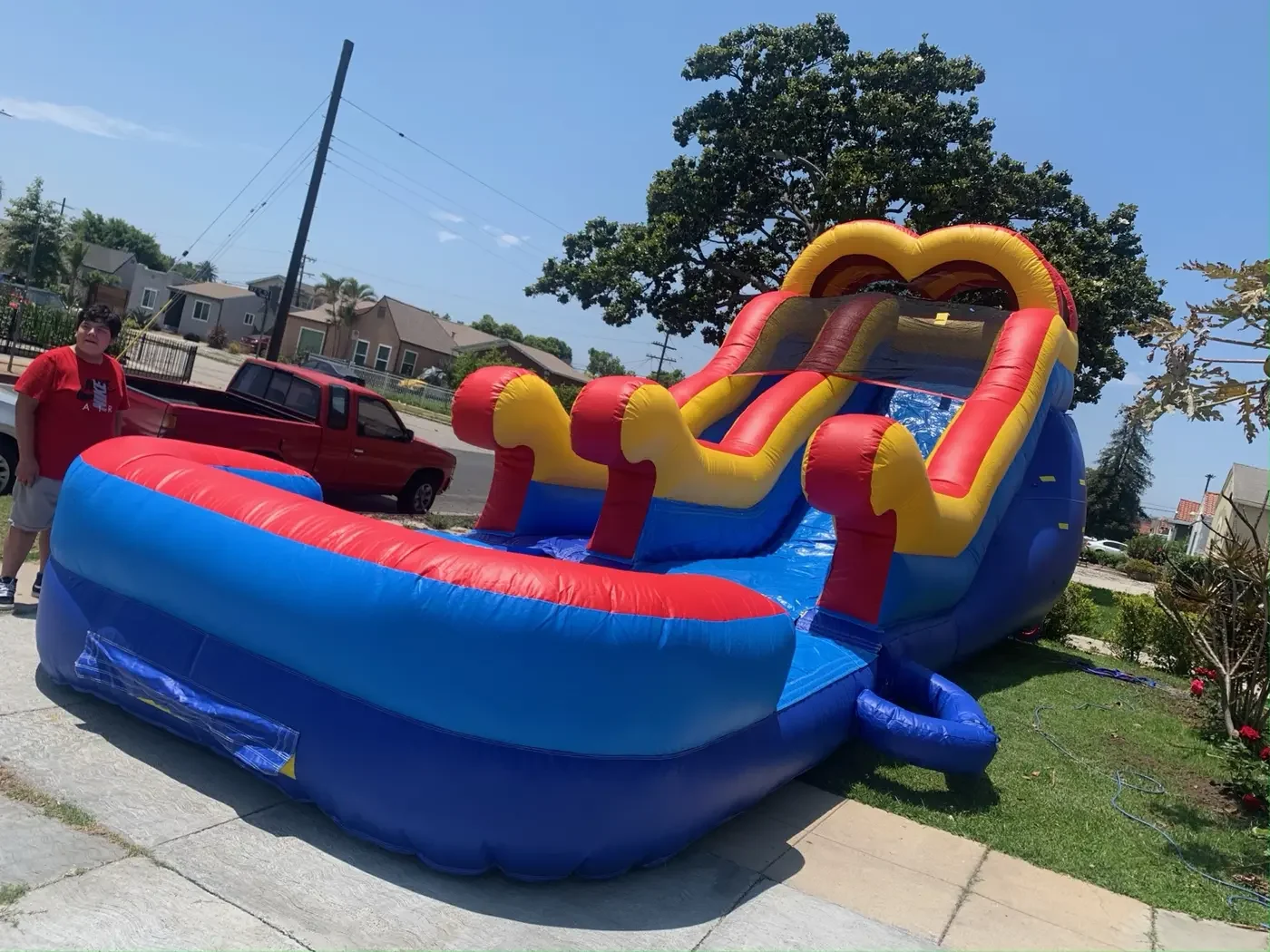 Red yellow and blue combo with pool